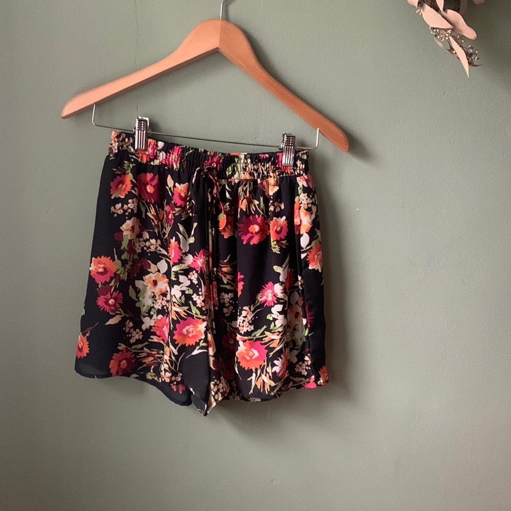 Black floral chiffon shorts